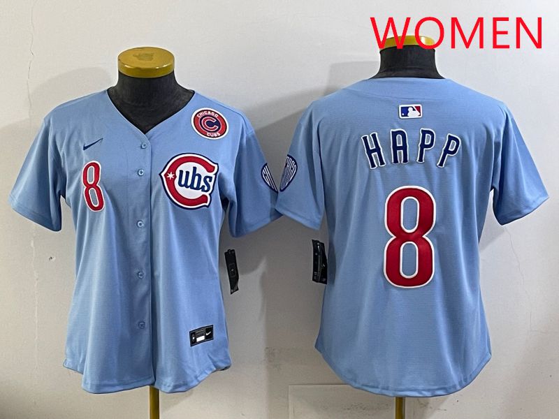 Women 2025 Chicago Cubs #8 Happ Light Blue Throwback Game Nike MLB Jersey style 3